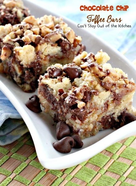 Chocolate Chip Toffee Bars | Can't Stay Out of the Kitchen | rich and decadent #brownies are loaded with #chocolatechips #pecans #HeathEnglishToffeeBits and use a can of #condensedmilk. #chocolate #dessert