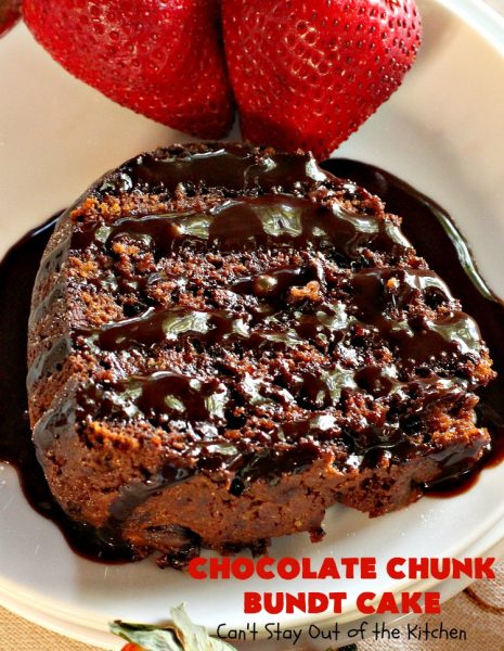 Chocolate Chunk Bundt Cake | Can't Stay Out of the Kitchen | this spectacular #BundtCake starts with a #cakemix & #chocolate #pudding mix. It uses only 7 ingredients so it's incredibly quick & easy. Perfect for #holidays like #Easter or #MothersDay. It's even great for #breakfast, especially if you like #chocolate! #ChocolateChips #cake #ChocolateCake #Holiday #HolidayDessert #Brunch #HolidayBreakfast #EasterBreakfast
