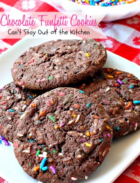 Chocolate Funfetti Cookies | Can't Stay Out of the Kitchen | spectacular #chocolate #cookies that start with a #cakemix and rainbow sprinkles. Quick, easy # delicious #dessert.