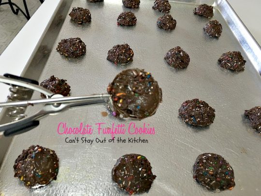 Chocolate Funfetti Cookies | Can't Stay Out of the Kitchen | spectacular #chocolate #cookies that start with a #cakemix and rainbow sprinkles. Quick, easy # delicious #dessert.