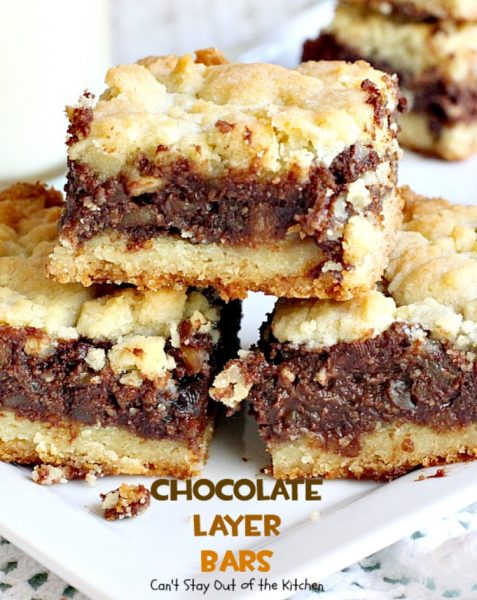 Chocolate Layer Bars | Can't Stay Out of the Kitchen | these #brownies are one of the most spectacular #desserts you'll ever eat. Made with #chocolatechips #creamcheese #almondextract and #walnuts. We love these and make them almost every year at #Christmas!