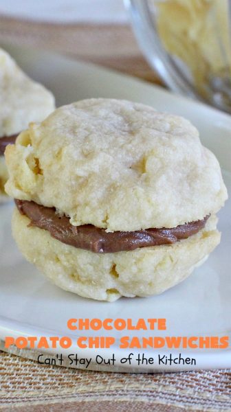 Chocolate Potato Chip Sandwiches | Can't Stay Out of the Kitchen | these #cookies are awesome! They start with a #potatochip cookie & have a luscious #chocolate frosting between them. This dessert is terrific for #fall or #Halloween baking or #christmas cookie exchanges.