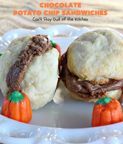 Chocolate Potato Chip Sandwiches | Can't Stay Out of the Kitchen | these #cookies are awesome! They start with a #potatochip cookie & have a luscious #chocolate frosting between them. This dessert is terrific for #fall or #Halloween baking or #christmas cookie exchanges.