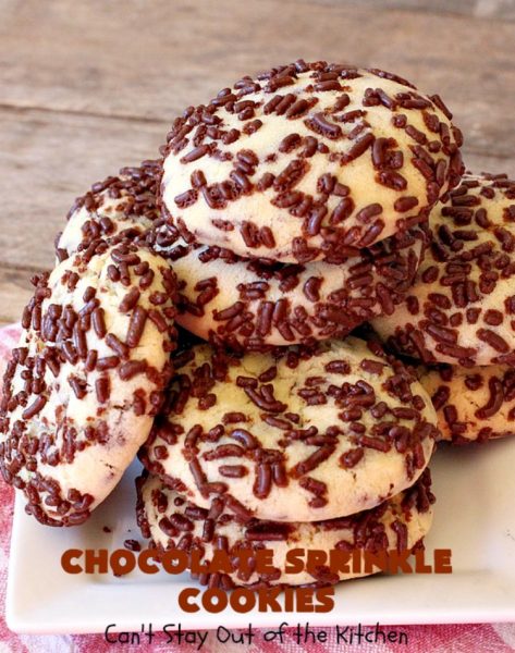 Chocolate Sprinkle Cookies | Can't Stay Out of the Kitchen | these fantastic #SugarCookies are filled with #chocolate #sprinkles. Then they're rolled in more sprinkles before baking. They are soft, rich, melt-in-your-mouth heavenly #cookies! Every bite will have you drooling. #dessert #Holiday #ChocolateDessert #HolidayDessert #HolidayBaking #ChocolateSprinkles #ChristmasCookieExchange #Tailgating #ValentinesDayDessert #TailgatingDessert
