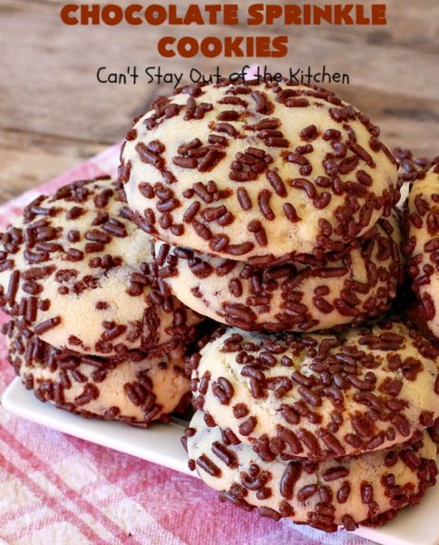 Chocolate Sprinkle Cookies | Can't Stay Out of the Kitchen | these fantastic #SugarCookies are filled with #chocolate #sprinkles. Then they're rolled in more sprinkles before baking. They are soft, rich, melt-in-your-mouth heavenly #cookies! Every bite will have you drooling. #dessert #Holiday #ChocolateDessert #HolidayDessert #HolidayBaking #ChocolateSprinkles #ChristmasCookieExchange #Tailgating #ValentinesDayDessert #TailgatingDessert