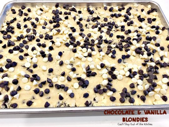 Chocolate and Vanilla Blondies | Can't Stay Out of the Kitchen | delicious #shortbread #cookies are filled with both #chocolate and vanilla chips. Amazing #dessert.
