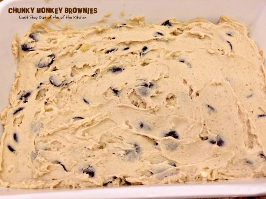 Chunky Monkey Brownies | Can't Stay Out of the Kitchen | these ooey, gooey #brownies are filled with #chocolate baking melts, #chocolatechips and #bananas. They are beyond amazing. #dessert #cookie