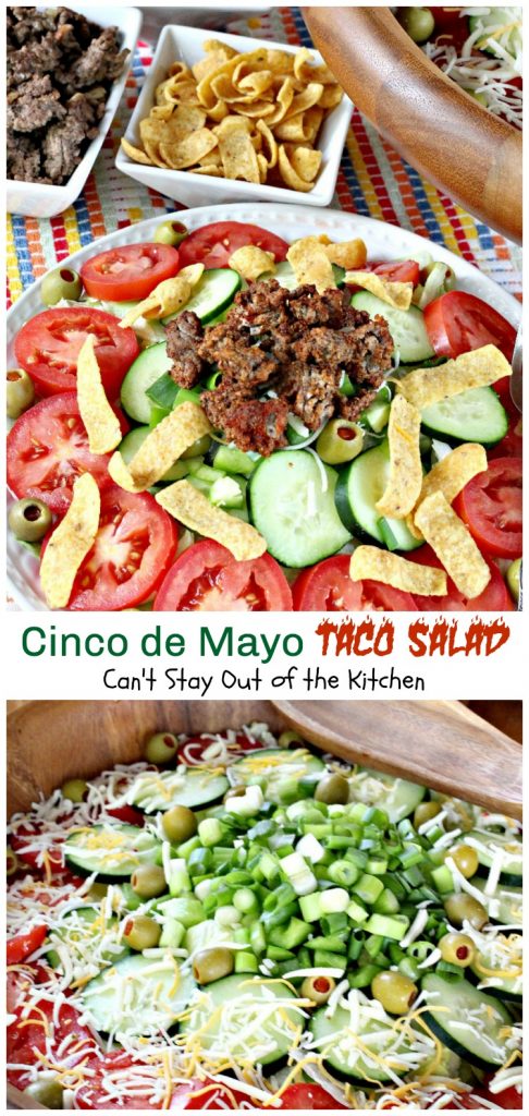 Cinco de Mayo Taco Salad | Can't Stay Out of the Kitchen | wonderful #Tex-Mex #salad with delicious southwest flavor. Great for #CincodeMayo. #cheese #groundbeef #Fritos