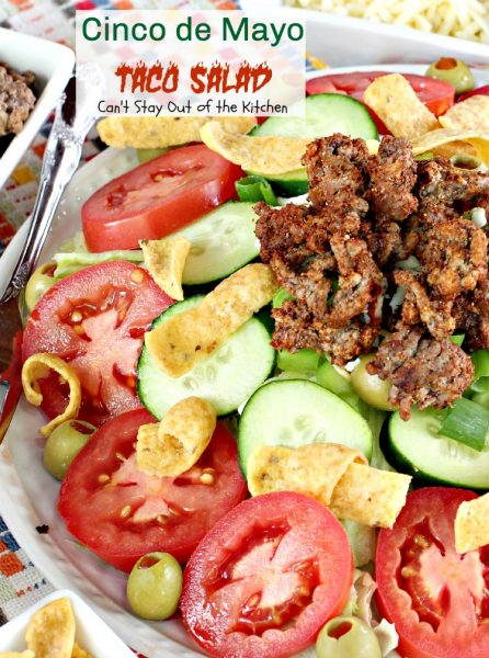 Cinco de Mayo Taco Salad | Can't Stay Out of the Kitchen | wonderful #Tex-Mex #salad with delicious southwest flavor. Great for #CincodeMayo. #cheese #groundbeef #Fritos