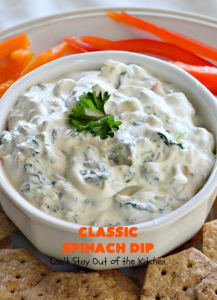 Classic Spinach Dip | Can't Stay Out of the Kitchen | This wonderful #appetizer is the classic #KnorrsSoup #recipe. It's absolutely scrumptious for any kind of party or potluck. #Tailgating #spinach #SuperBowl #WaterChestnuts #SpinachDip