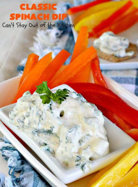 Classic Spinach Dip | Can't Stay Out of the Kitchen | This wonderful #appetizer is the classic #KnorrsSoup #recipe. It's absolutely scrumptious for any kind of party or potluck. #Tailgating #spinach #SuperBowl #WaterChestnuts #SpinachDip