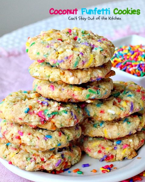 Coconut Funfetti Cookies | Can't Stay Out of the Kitchen | these marvelous #cookies are filled with #rainbowsprinkles and #coconut and so easy to make since they start with a #cakemix. #dessert