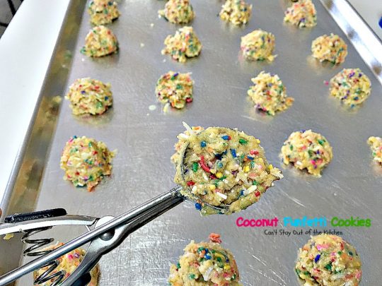 Coconut Funfetti Cookies | Can't Stay Out of the Kitchen | these marvelous #cookies are filled with #rainbowsprinkles and #coconut and so easy to make since they start with a #cakemix. #dessert