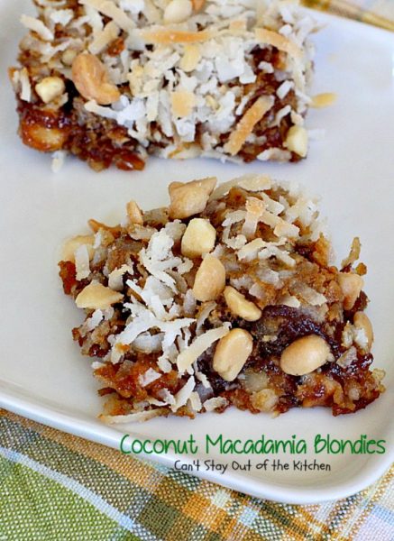 Coconut Macadamia Blondies | Can't Stay Out of the Kitchen | these fabulous #brownies are filled with #coconut and #macadamianuts. Great for #holiday baking. #cookie #glutenfree #dessert