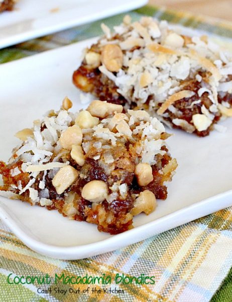 Coconut Macadamia Blondies | Can't Stay Out of the Kitchen | these fabulous #brownies are filled with #coconut and #macadamianuts. Great for #holiday baking. #cookie #glutenfree #dessert