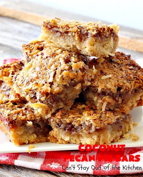 Coconut Pecan Pie Bars | Can't Stay Out of the Kitchen | these fantastic #brownies are rich, decadent and so mouthwatering you won't want to put them down! Like eating #pecanpie but with #coconut added. #dessert #cookies #pecans
