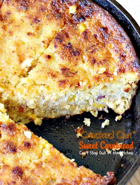 "Cracked Out" Sweet Cornbread | Can't Stay Out of the Kitchen | this amazing #cornbread has #RanchDressingMix, #bacon, #cheddarcheese & creamed #corn. Sweetened with #honey. #glutenfree