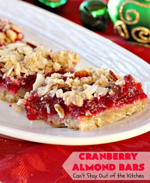 Paula Deen's Cranberry Almond Bars | Can't Stay Out of the Kitchen | fabulous #PaulaDeen #cookie recipe with a streusel crust and topping. The filling is made with fresh #cranberries & #pineapple preserves & #almonds on top. This is a terrific #dessert for #Christmas baking.