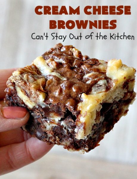 Cream Cheese Brownies | Can't Stay Out of the Kitchen | This is our favorite #brownie #recipe ever! The #CreamCheese layer includes #coconut & the brownie layer includes #ChocolateChips & #pecans. Swirled together these are absolutely decadent! Terrific for #tailgating parties or summer #holiday fun like #FourthOfJuly or #LaborDay. #dessert #HolidayDessert #ChocolateDessert #CreamCheeseDessert #cookie #CreamCheeseBrownies