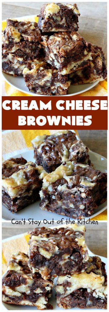 Cream Cheese Brownies | Can't Stay Out of the Kitchen | This is our favorite #brownie #recipe ever! The #CreamCheese layer includes #coconut & the brownie layer includes #ChocolateChips & #pecans. Swirled together these are absolutely decadent! Terrific for #tailgating parties or summer #holiday fun like #FourthOfJuly or #LaborDay. #dessert #HolidayDessert #ChocolateDessert #CreamCheeseDesserr #cookie #CreamCheeseBrownies
