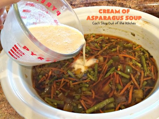 Cream of Asparagus Soup | Can't Stay Out of the Kitchen | This delicious #soup is perfect comfort food for #fall. We love this easy recipe made in the #crockpot. #asparagus #carrots #glutenfree