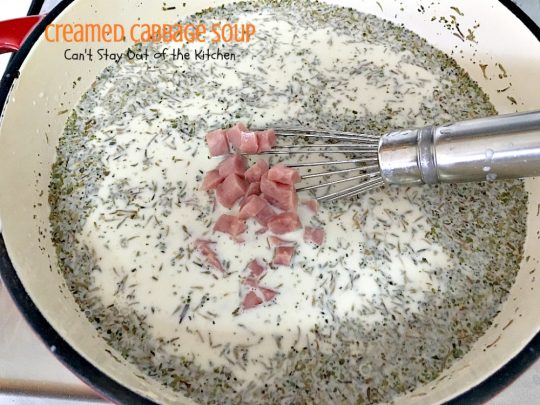 Creamed Cabbage Soup | Can't Stay Out of the Kitchen | this tasty #soup is awesome comfort food. It's made with #ham #cabbage & other veggies in a delicious creamy sauce. We love this #glutenfree chowder.