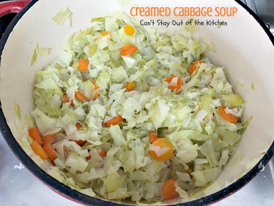Creamed Cabbage Soup | Can't Stay Out of the Kitchen | this tasty #soup is awesome comfort food. It's made with #ham #cabbage & other veggies in a delicious creamy sauce. We love this #glutenfree chowder.