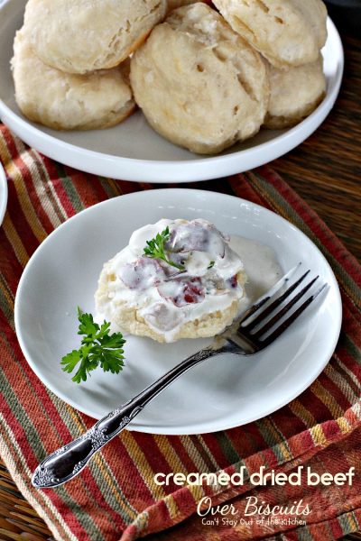 Creamed Dried Beef Over Biscuits | Can't Stay Out of the Kitchen | my favorite comfort food for #breakfast or dinner! Love this recipe over homemade #biscuits. #driedbeef