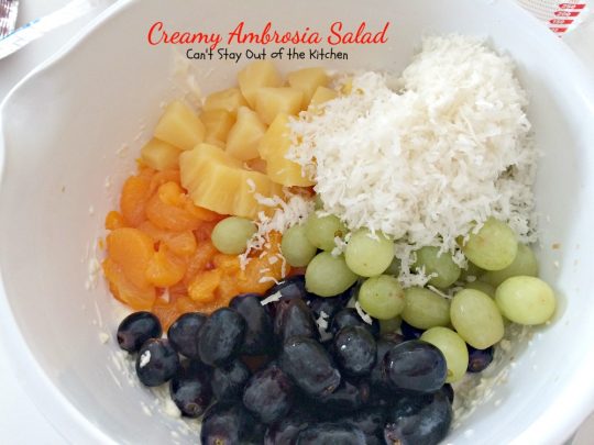 Creamy Ambrosia Salad | Can't Stay Out of the Kitchen | one of the BEST creamy #salads you'll ever eat! #glutenfree #ambrosia #grapes #pineapple 