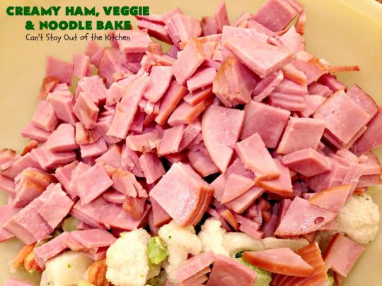 Creamy Ham, Veggie and Noodle Bake | Can't Stay Out of the Kitchen | this cheesy #ham entree has been a family favorite for years. It's filled with lots of #veggies & #pasta. Truly one of our favorite comfort foods. Great way to use up leftover ham from the #holidays too. #HamCasserole #noodles #casserole