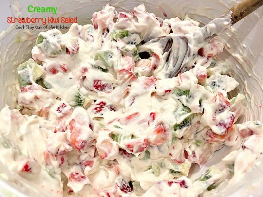 Creamy Strawberry Kiwi Salad | Can't Stay Out of the Kitchen | this fun #salad is perfect for the summer #holidays or #MothersDay. Light, fluffy & irresistible. #glutenfree #strawberries #kiwi