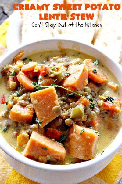 Creamy Sweet Potato Lentil Stew | Can't Stay Out of the Kitchen | this delicious #stew is healthy, #glutenfree & easily #vegan if you substitute coconut milk for the cream. It's hearty, filling and satisfying comfort food that's big on taste & wonderful for winter. #soup #lentils #sweetpotatoes