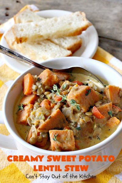 Creamy Sweet Potato Lentil Stew | Can't Stay Out of the Kitchen | this delicious #stew is healthy, #glutenfree & easily #vegan if you substitute coconut milk for the cream. It's hearty, filling and satisfying comfort food that's big on taste & wonderful for winter. #soup #lentils #sweetpotatoes