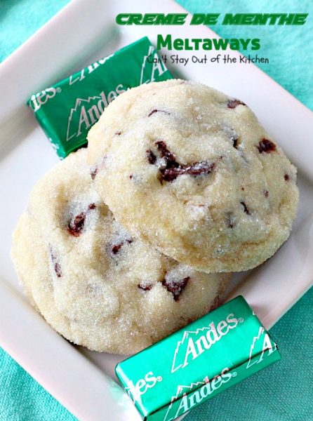 Creme de Menthe Meltaways | Can't Stay Out of the Kitchen | these fabulous melt-in-your-mouth #cookies use #Andes #cremedementhe baking chips. Awesome for #holidays or #StPatricksDay. #dessert #chocolate