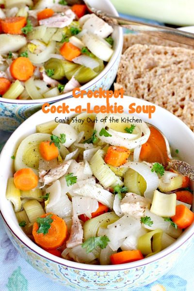 Crockpot Cock-a-Leekie Soup | Can't Stay Out of the Kitchen | delicious & easy #soup made in the #crockpot. Great way to use up leftover #turkey, too. #glutenfree #chicken #leeks