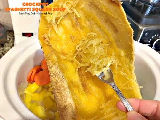 Crockpot Spaghetti Squash Soup | Can't Stay Out of the Kitchen | #spaghettisquash is wonderful in this delicious #soup. Great comfort food, yet healthy & low calorie. #glutenfree
