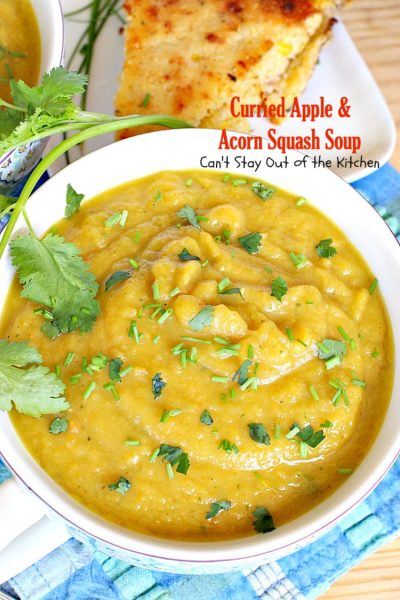 Curried Apple and Acorn Squash Soup | Can't Stay Out of the Kitchen | this mildly hot & spicy #soup is so delicious. #Apples & #acornsquash make it an incredibly tasty comfort food.
