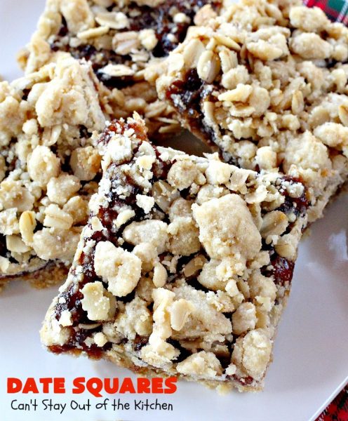 Date Squares | Can't Stay Out of the Kitchen | these classic #Christmas #cookies are wonderful for #holiday #baking. They're also terrific for #ChristmasCookieExchanges. Everyone loves them. #dates #dessert #ChristmasDessert #HolidayDessert