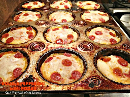 Double Pepperoni Mini Pizzas | Can't Stay Out of the Kitchen | this easy 5-ingredient miniature #pizza is fantastic. It's terrific for #tailgating, #NewYearsEve or #SuperBowl parties. #pepperoni #mozzarella