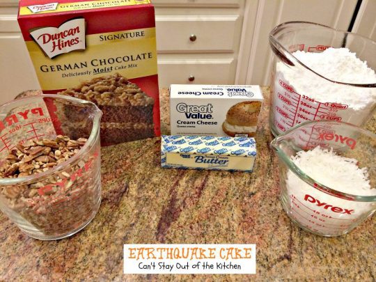 Earthquake Cake| Can't Stay Out of the Kitchen | this #cake is outrageous. Amazing flavors and texture and starts with a #chocolatecakemix. #coconut #pecans #dessert #cheesecake