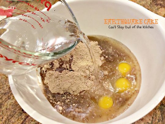 Earthquake Cake| Can't Stay Out of the Kitchen | this #cake is outrageous. Amazing flavors and texture and starts with a #chocolatecakemix. #coconut #pecans #dessert #cheesecake