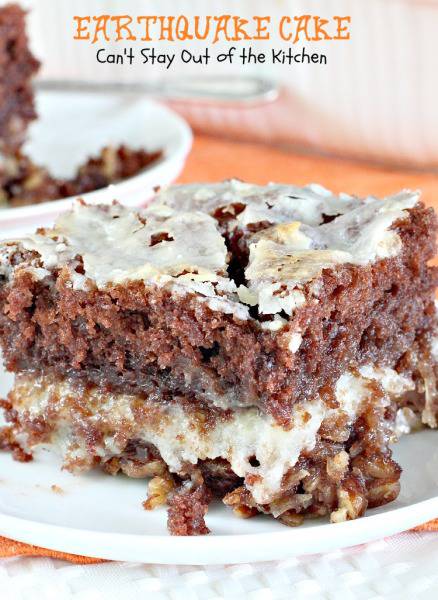 Earthquake Cake| Can't Stay Out of the Kitchen | this #cake is outrageous. Amazing flavors and texture and starts with a #chocolatecakemix. #coconut #pecans #dessert #cheesecake
