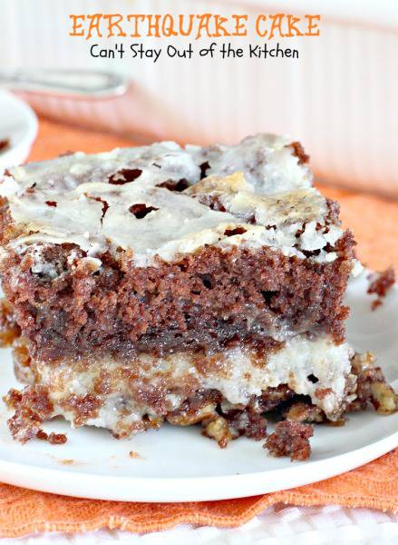 Earthquake Cake| Can't Stay Out of the Kitchen | this #cake is outrageous. Amazing flavors and texture and starts with a #chocolatecakemix. #coconut #pecans #dessert #cheesecake