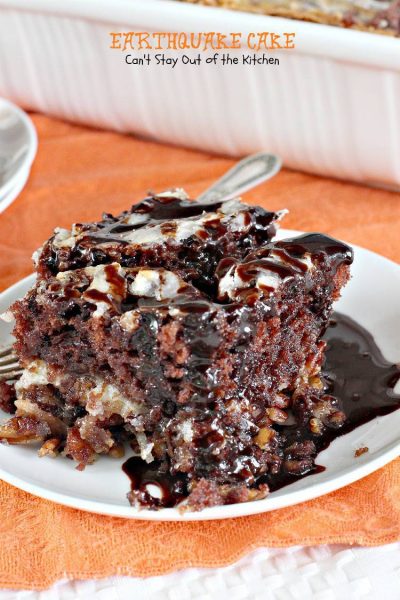 Earthquake Cake| Can't Stay Out of the Kitchen | this #cake is outrageous. Amazing flavors and texture and starts with a #chocolatecakemix. #coconut #pecans #dessert #cheesecake