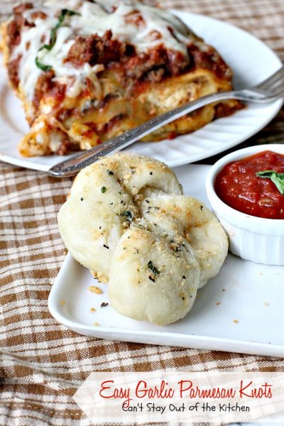 Easy Garlic Parmesan Knots | Can't Stay Out of the Kitchen | this amazing #appetizer is so quick and easy to make since it starts with frozen #bread dough. It's wonderful served with homemade marinara sauce & it's a great option for #tailgating parties or the #SuperBowl. #garlic #parmesancheese