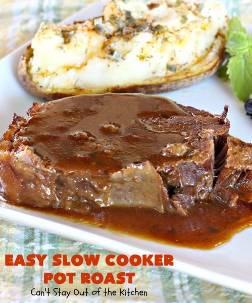 Easy Slow Cooker Pot Roast | Can't Stay Out of the Kitchen | incredibly easy 4-ingredient #beef pot roast. Also called 3-packet pot roast. Flavorful, delicious & easy since it's made in the #crockpot.
