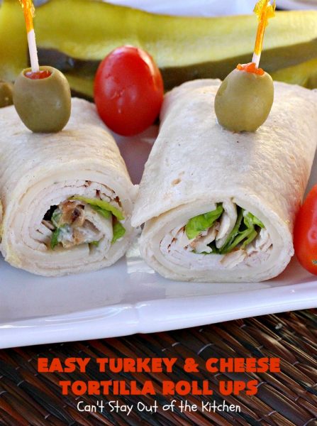 Easy Turkey and Cheese Tortilla Roll Ups | Can't Stay Out of the Kitchen | these fantastic wraps make a terrific treat for #tailgating parties, potlucks or soccer games. Easy & delicious. #sandwiches #cheese #TurkeySandwiches #TurkeyWraps #TurkeyRollUps #PepperJackCheese #SwissCheese #CheddarCheese