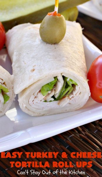 Easy Turkey and Cheese Tortilla Roll Ups | Can't Stay Out of the Kitchen | these fantastic wraps make a terrific treat for #tailgating parties, potlucks or soccer games. Easy & delicious. #sandwiches #cheese #TurkeySandwiches #TurkeyWraps #TurkeyRollUps #PepperJackCheese #SwissCheese #CheddarCheese