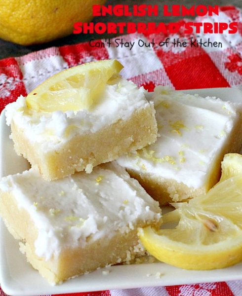 English Lemon Shortbread Strips | Can't Stay Out of the Kitchen | these amazing #lemon bars have a lemony icing to die for. They're terrific for #holiday parties, #Christmas #cookie exchanges or #tailgating. #dessert