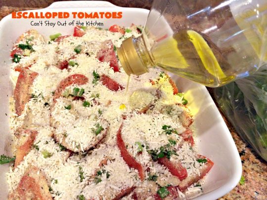 Escalloped Tomatoes | Can't Stay Out of the Kitchen | This is one of my favorite side dishes. It's a great #casserole for chicken or pork. It's also an easy #veggie to make for #Thanksgiving or #Christmas. #tomatoes #cheese